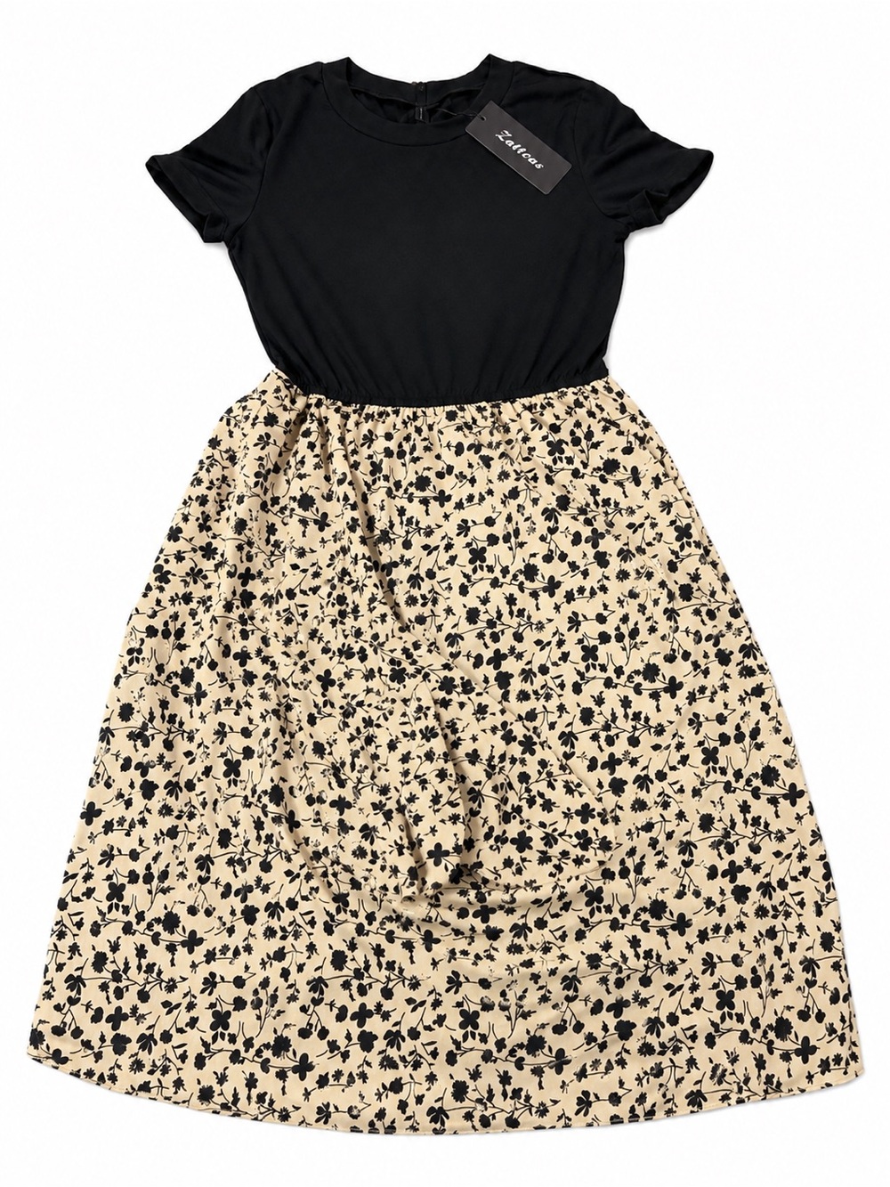 Zattcas Black Floral Print Short Sleeve Midi Dress NWT